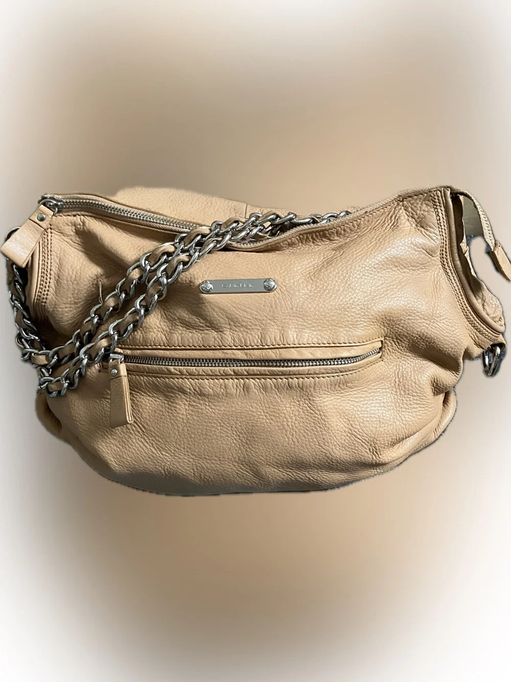 Calvin Klein Tan Pebbled Leather Satchel with Chain Strap